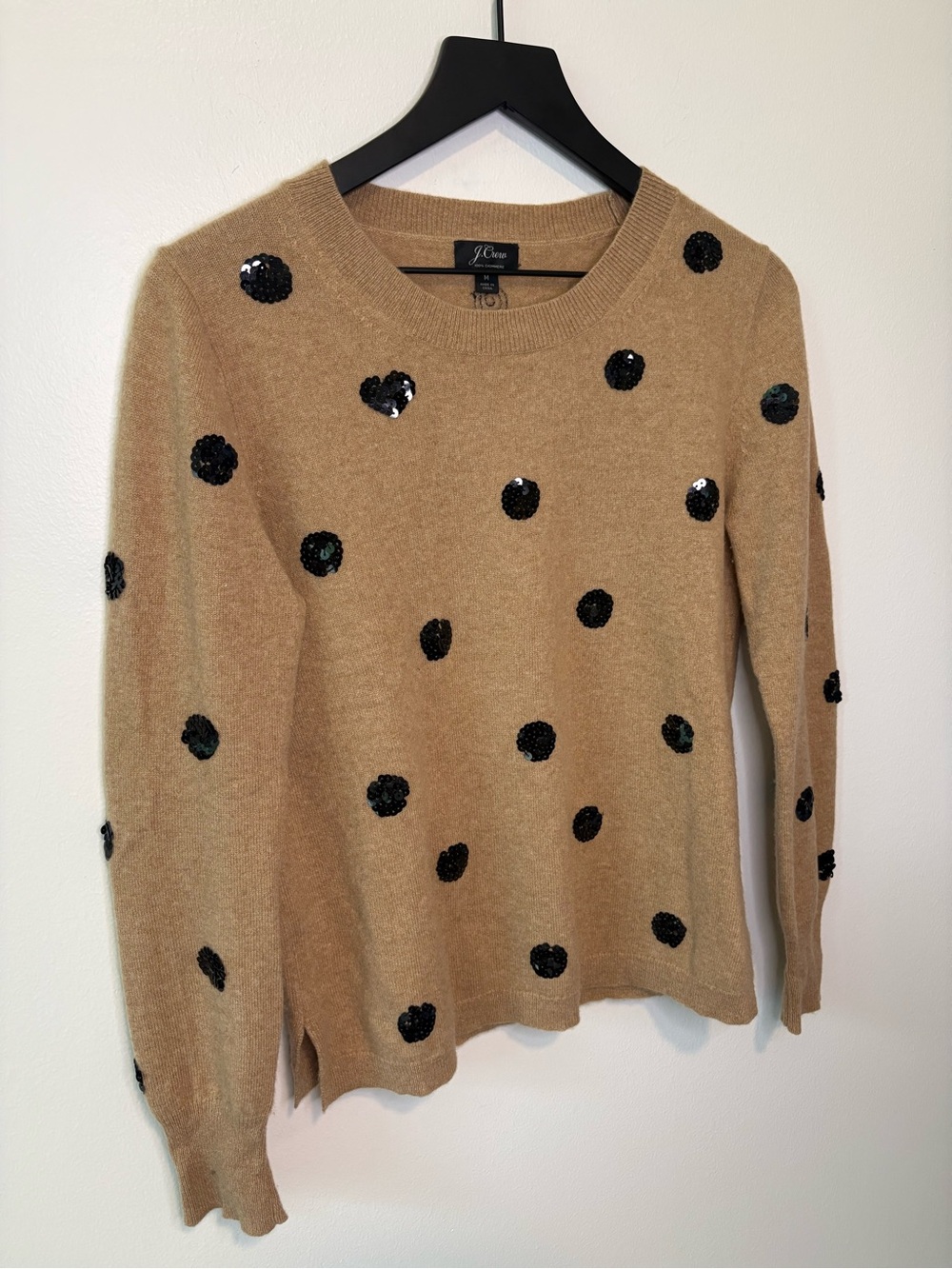 J. Crew Tan Polka Dot Heart Sequin Cashmere Sweater Size Medium